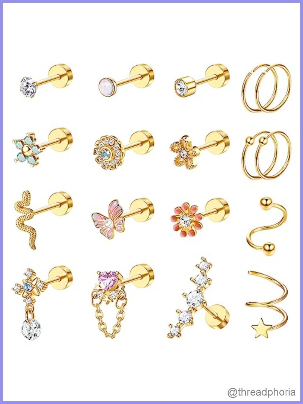 18pc Surgical Steel Cartilage Earring Set Flat Back Studs